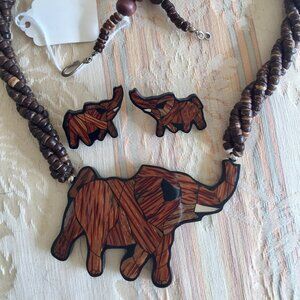 Vintage Jewelry Necklace Earring Set Elephant Wooden Brown Bead Ethnic BOHO NWT